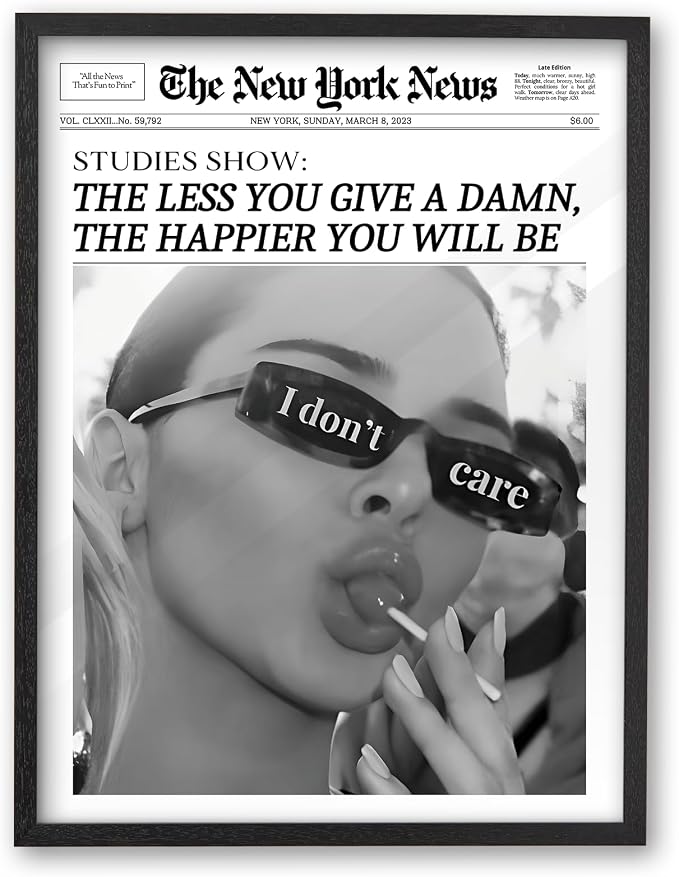 iHery 12x16in The Less You Give a Damn Framed Newspaper Wall Art | Premium Black OAK Wood Frame with Canvas Print, Vintage I Don't Care Decor for Bedroom, Dorm, Living Room and Bathroom, 1Pack