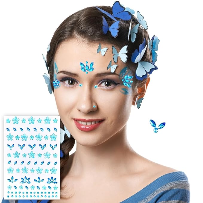 Flower Face Tattoo Sticker Blue Face Gems Summer Face Jewelry for Girls- Self-Adhesive Rhinestones for Eyes, Face, Nail Body – Festival Halloween Christmas Cosplay Makeup Decoration (blue)