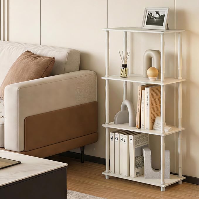 Furinno Turn-N-Tube Storage Shelves, 4-Tier Open Frame Book Shelf, Standing Corner Shelf, Toolless Open Shelves, Classic Tubes, for Organization and Storage, Living Room, Home Office, White
