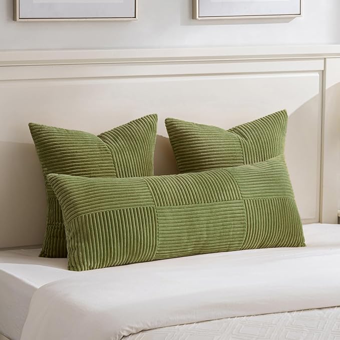 Fancy Homi 2 Packs Moss Green Euro Decorative Throw Pillow Covers 28x28 Inch for Bedroom Couch Bed, Farmhouse Boho Home Decor, Soft Corss Corduroy Patchwork Textured Square Cushion Case 71x71 cm