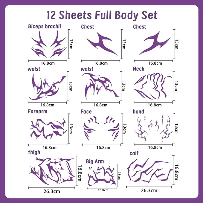 Temporary Tattoos For Men and Women - 12 Sheets Full Body Tattoos Stickers Waterproof Movie Cosplay Costume Accessories for Boys Girls Festival Party Rave Stage Makeup Decoration（Luminous）