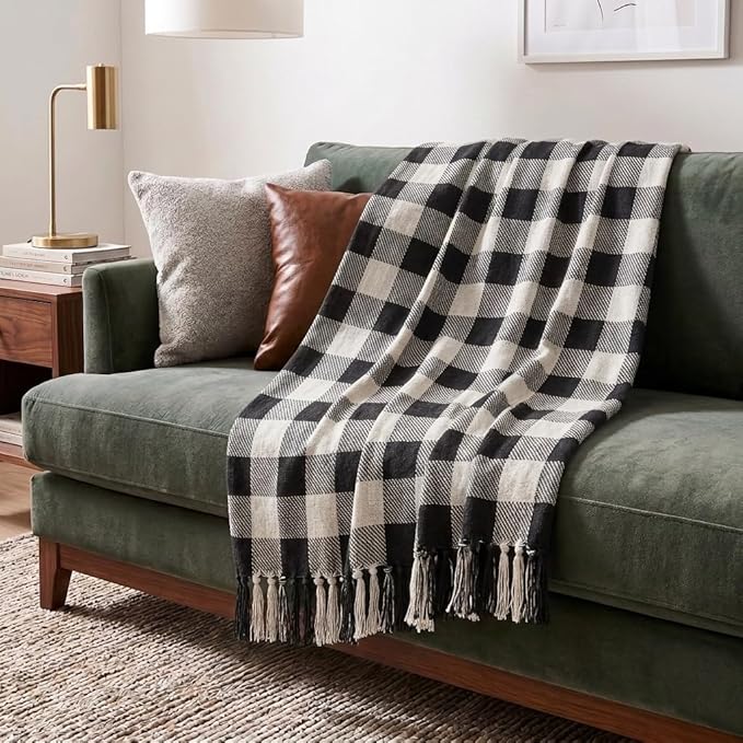Americanflat 50x60 Throw Blanket - Soft and Breathable Cotton Throw Blanket for Couch, Bed, Chair - Decorative Blankets Perfect for Home, Office, or Outdoor Use - Black, Cream and Beige Plaid Design