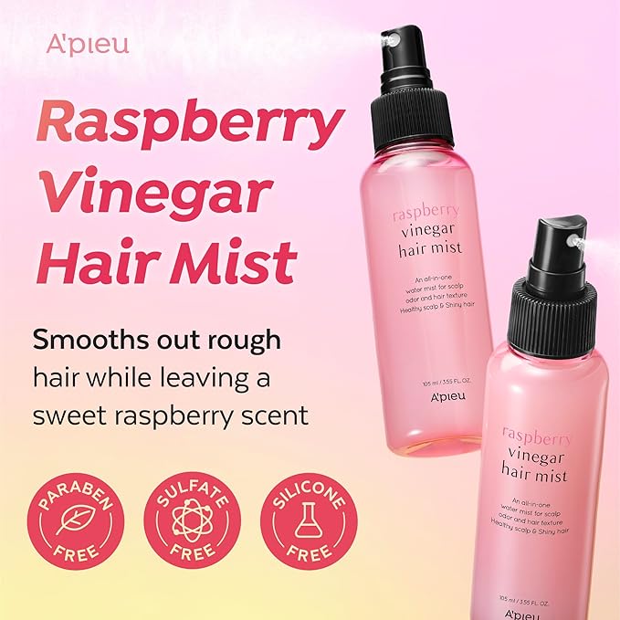 A'PIEU Raspberry Vinegar Hair Mist - Instant Hydration & Nourishing Spray for Smooth, Shiny, Frizz-Free Hair with Refreshing Floral Scent, Non-Sticky Finish. Korean Hair Care (3.55 fl oz)