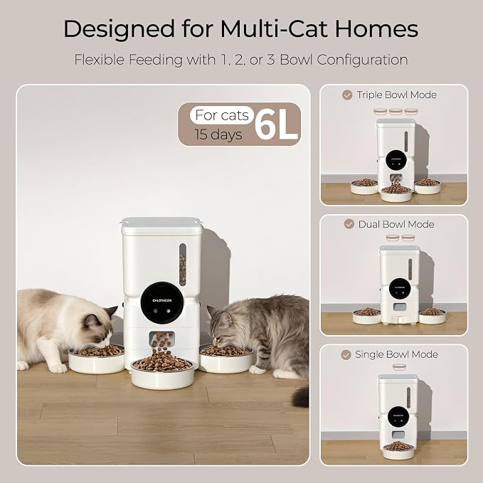 Automatic Cat Feeder for 3 Cats, 6L 5G WiFi Feeder, Slow Feed, Warm White | 3-bowl system with app scheduling, 15-day battery backup, stainless steel bowls, and sealed freshness protection.