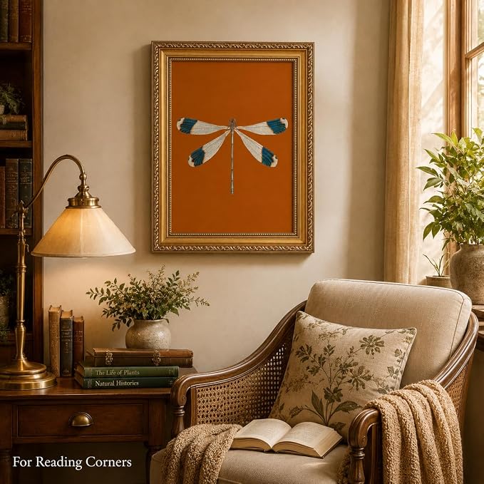 Gold Framed Dragonfly Wall Art,Antique Insect Picture Wall Decor16x12in | Burnt Orange Background Canvas Print Cottagecore For Bedroom, Study,Hallway,Entryway