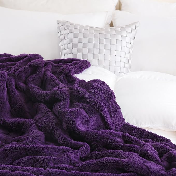 Deep Purple Fleece Throw Blanket 60”×80”Checkered Design for Couch | Super Soft Cozy Plush Microfiber 3D Square Pattern Flannel Blanket for Sofa Bed Lightweight for Adults,Women