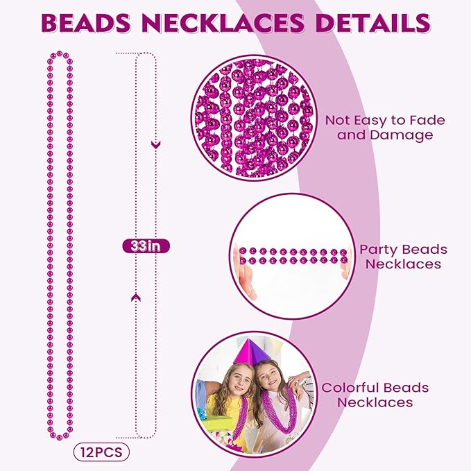 SHAOQINLIN 12 PCS Breast Cancer Awareness Beads Necklaces, Hot Pink Bead Necklace, 33" Breast Cancer Awareness Beads Accessories for Parade Supplies