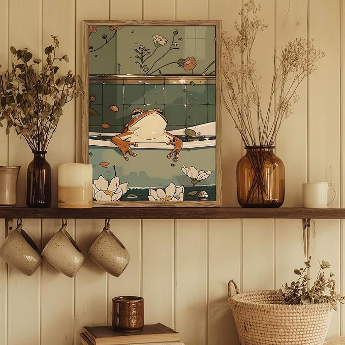 Funny Japanese Frog Bathroom Wall Art Whimsical Frog in Bathtub Wall Decor Painting Cute Animal Bathroom Poster Canvas Print Picture 12x16 inch Wood Framed