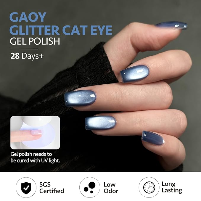 GAOY Jelly Blue Cat Eye Gel Nail Polish, 16ml Glitter Holographic Nail Polish with Magnet, Reflective Translucent UV Gel, 2990 Stormy Sky