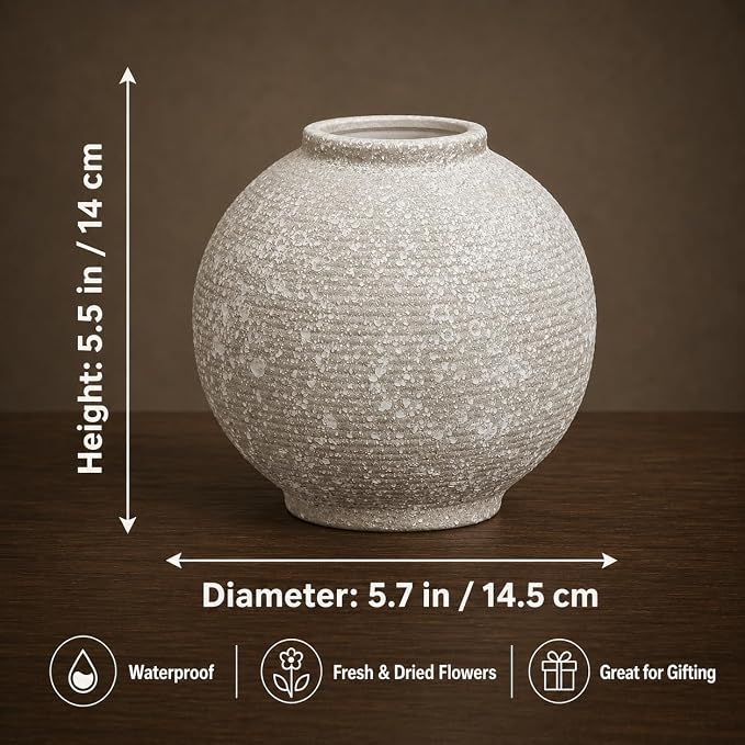 Ceramic Flower Vase, 5.5 Inch Round Textured Vase for Home Decor | Handmade ceramic vase with unique textured design, perfect for living room shelves, tables, centerpieces and farmhouse decor.