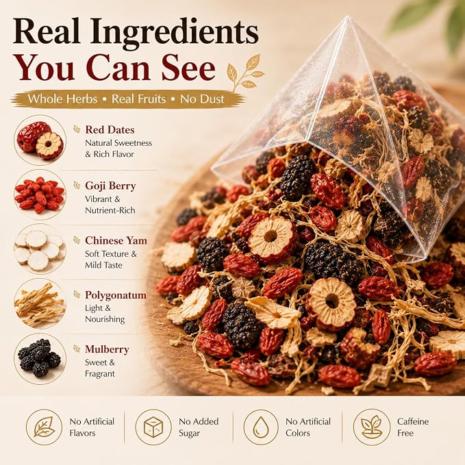 Ginseng-Infused Eight Treasure Tea Bags, Herbal Botanical Blend with Red Dates, Goji Berry & Traditional Ingredients, Naturally Sweet Daily Wellness Tea, Caffeine Free, 20 Count