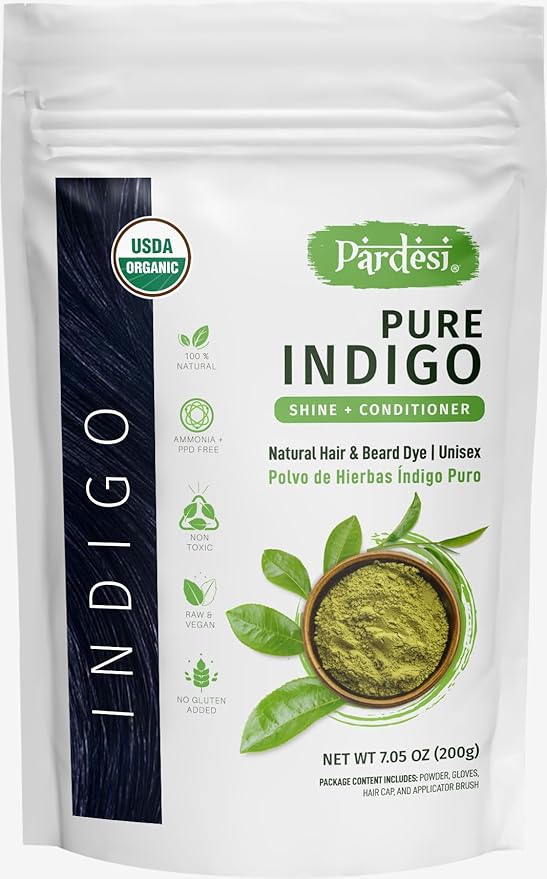 Pardesi Indigo Powder I USDA Organic I 7.05 oz (200 Gram) | Natural Hair & Beard Dye I Unisex I Amonia and PPD Free I Includes Gloves, Hair Cap and Applicator I From India