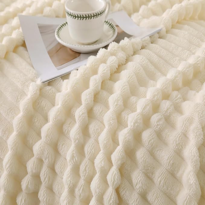 Beige Throw Blanket for Couch Sofa 50”x60” Striped Design | Fleece Blankets Room Home Decor Lightweight Plush Soft Cozy Gifts for Women Mom
