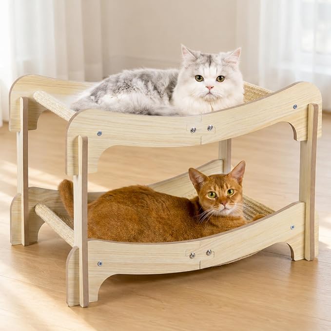 Sisal Cat Scratcher Bed for Indoor Cats, Wooden Cat Furniture | Cat Bunk Bed Natural Sisal Scratch Post for Cats Lounge,Horizontal Cat Scratcher Board to Protect Furniture(Two-Tier)