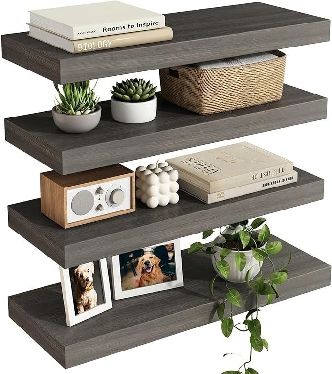 Fixwal Floating Shelves for Wall Decor (Grey, Set of 4, 15.7 Inch) | MDF Shelves with Metal Brackets, Space Saving for Books, Decor, Works in Bathroom, Kitchen, Living Room, Bedroom