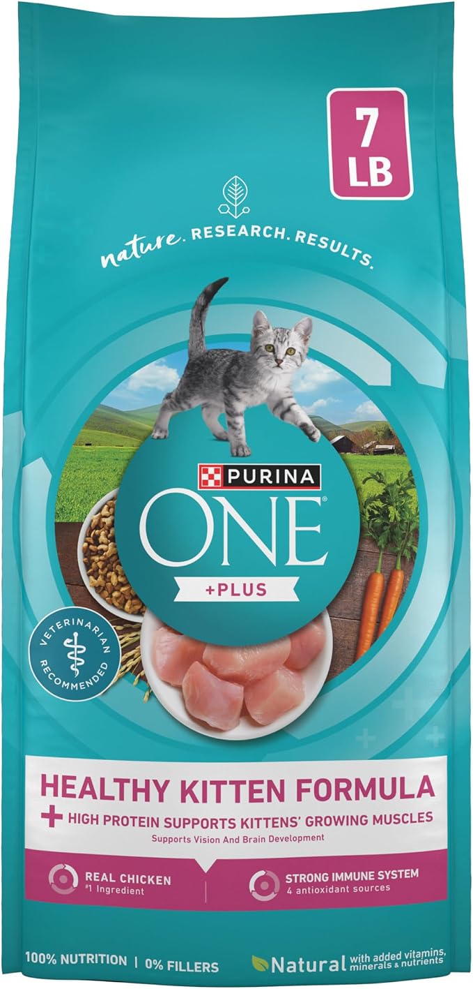 Purina ONE High Protein Natural Kitten Dry Cat Food, 7 lb Bag | Made with real chicken to support growing muscles, DHA for kitten brain development and antioxidants for immunity