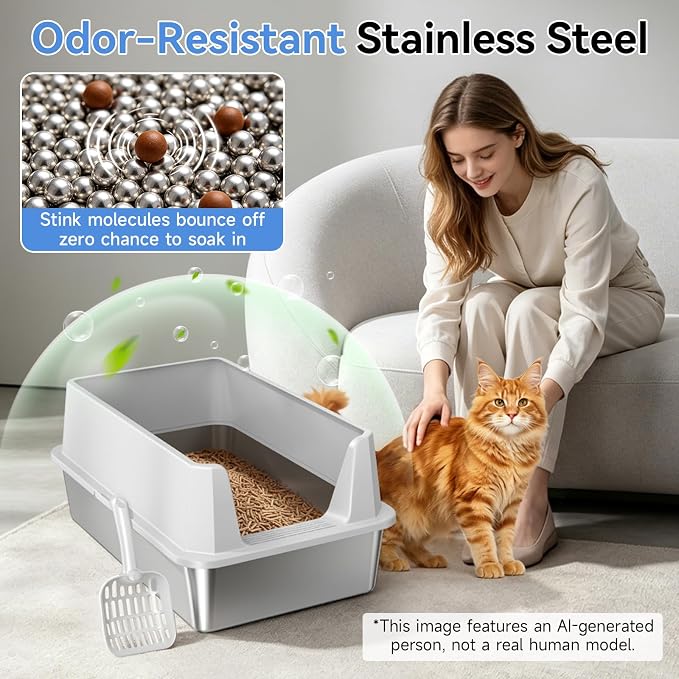 Stainless Steel Sifting Cat Litter Box for Pine Pellets, Light Gray | Sifting Design, Double Layer Mesh System, With High Sides, Non-Stick Surface, Easy Clean, for Large Cats