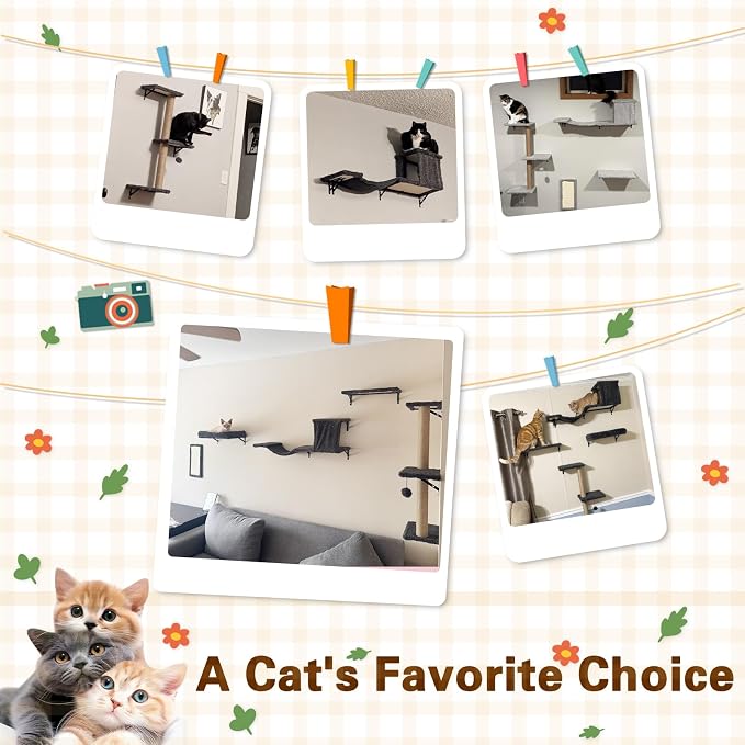 Cat Wall Shelves 6-in-1 Wall Mounted Cat Furniture 40 lbs, Dark Grey | Natural Wood, Bed & Cave & Scratching Post, 40 lbs for Large Cats, Space-Saving, for Living Room & Window