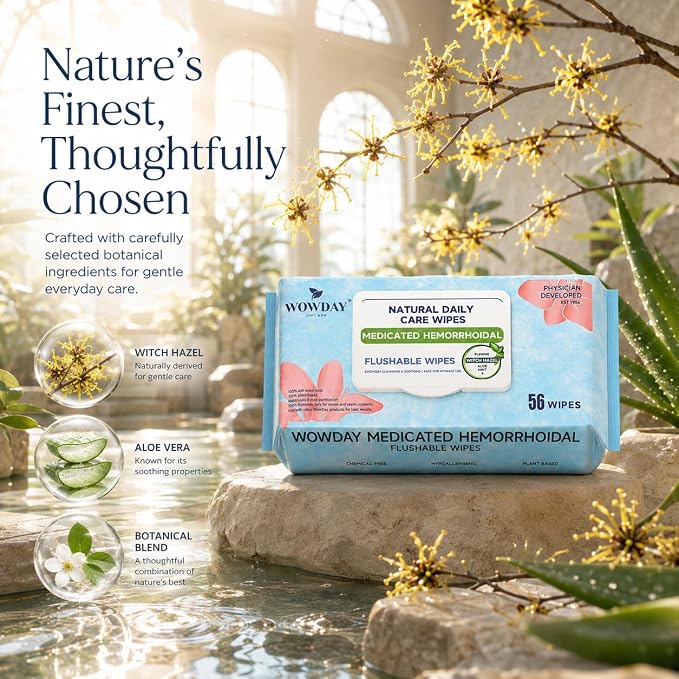 Flushable Hemorrhoid Wipes | Medicated Witch Hazel Wipes Ph Balanced | 180 Count Natural Fragrance Free Adult Hemorrhoids Witch Hazel Wipe for Butt Itch