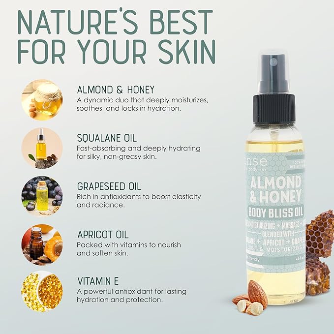 Rinse Bath & Body Almond & Honey Body Oil Moisturizer Spray - Natural Lightweight Fast Absorbing with Squalane, Grapeseed, Apricot & Vitamin E Oil for All Skin Types, 4 fl oz