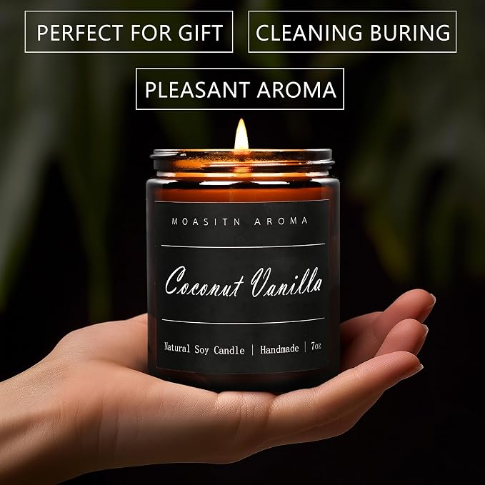 MOASITN Coconut Vanilla Heavenly Scented Candles for Home| Natural Soy Aromatherapy Candle| Handmade Long Lasting Jar Candle| Women,Men Gift for Birthday,Housewarming,Thank You| 7oz