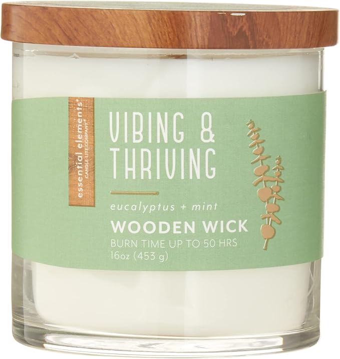 Essential Elements by Candle-Lite Company Wood Wick Scented Candle, Vibing & Thriving, One 16 oz. Single-Wick Aromatherapy Candle with 50 Hours of Burn Time, White (Pack of 2)