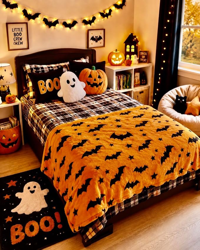 Halloween Fleece Throw Blanket, Black Bats on Orange background, 50x70 in | Ultra-soft cozy flannel fleece, for sofa couch bed chair & dorms, spooky Halloween décor, durable and machine washable.