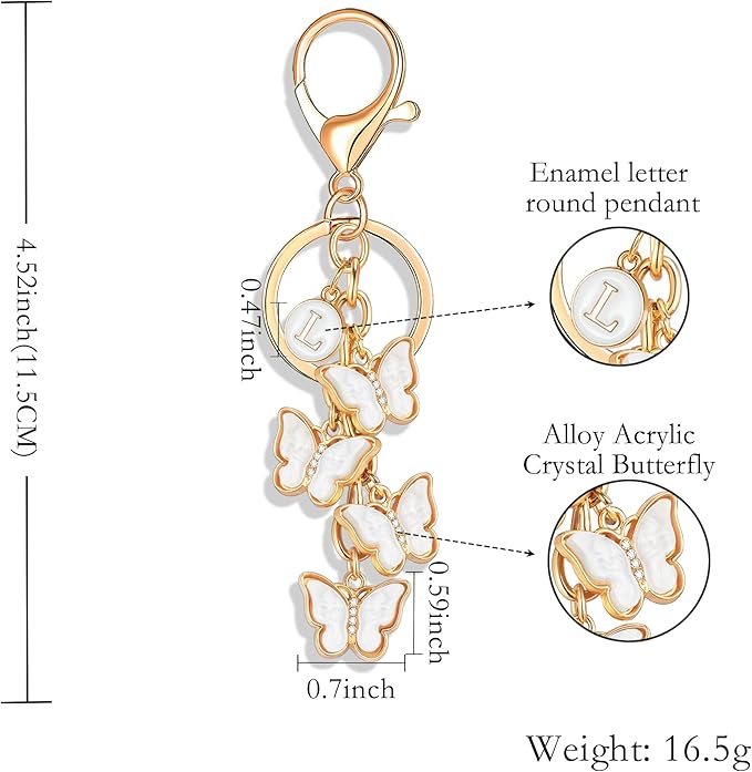XGALBLA White Pink Black Cute Butterfly Initial Letter Keychain for Women, Butterfly Bag Charms Keyring for Handbags Backpack