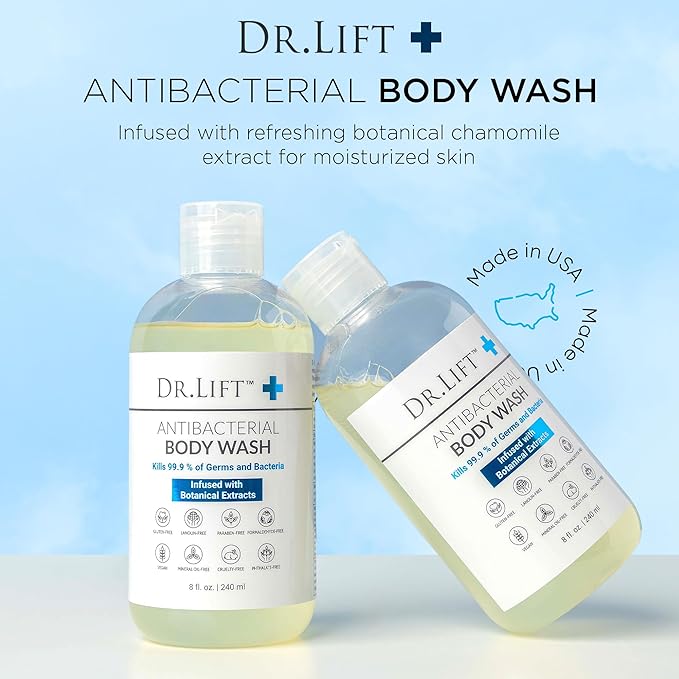 Antibacterial Body Wash | Kills 99.9% of Germs | Made in America | Antibacterial Soap - Infused with Botanical Extracts | Shower Gel Body Wash for Women & Men | Liquid Bath Soap - 8 Oz. | Dr. Lift
