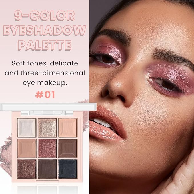 9 Colors Smoky Matte Shimmer Eyeshadow Palette for Women, Nude Rose Gold Light Medium Gray Wine Brown Purple, High Pigmented Primers Powder Palet de sombras de ojos (9 Colors-Rose Gold Nude)