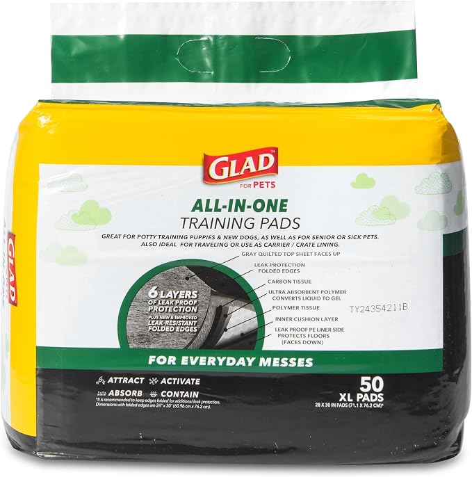 Glad for Pets XL Charcoal Training Pads for Dogs and Puppies, 30 Count | 6-layer, activated-carbon pads with pheromone attractant, leak-proof, extra-large 28 x 30 in coverage