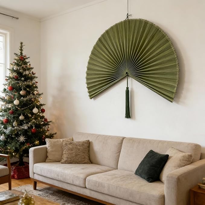 ChumDecor Bamboo Fan Wall Decor, Japanese Wall Fan Art, Army Green 60 in | Large Bamboo Fan Wall Art For Boho Hanging Headboard And Above Bed Decor Giant Japanese Style Folding Fan Easy To Hang