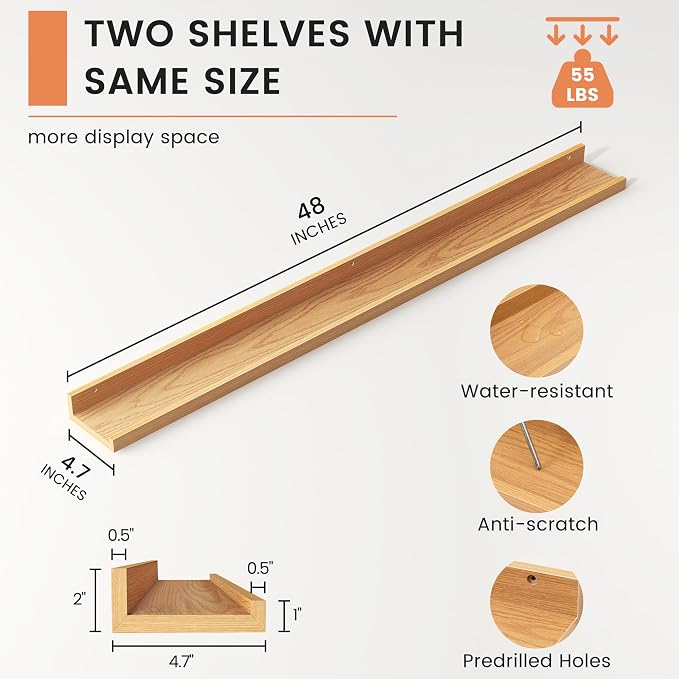 Picture Ledge Shelf, Floating Shelves for Wall, 48" W Set of 2, Oak | FSC Certified Engineered Wood, Wall Mounted Bookshelf, for Nursery Living Room Bedroom, Pre-Drilled, Easy Install