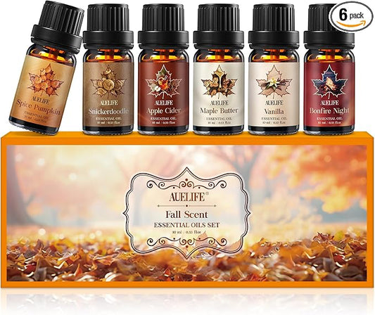 Auelife Fall Essential Oils Set for Diffusers for Home, 6 x 10ml Fall Scents with Pumpkin Spice, Vanilla, Apple Cider & Maple Butter for Candle Making, Soap Making,Holiday Gift Set