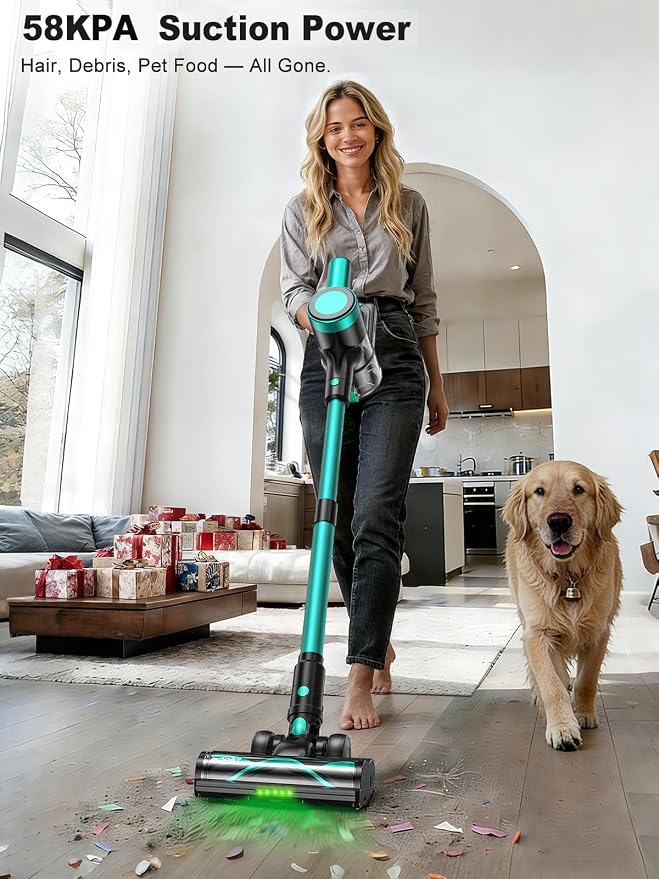 Cordless Vacuum Cleaner, 58KPa/60Mins 10 in 1 Self-Standing Stick Vacuum | 29-inch Hose and LED Lighting Brush, Anti-Tangle Brush &3 Suction Modes, Quiet Vacuum Cleaner for Home, Pet Hair/Carpet/Floor