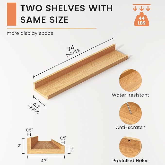 Picture Ledge Shelf, Floating Shelves for Wall, 24" W Set of 2, Oak | FSC Certified Engineered Wood, Wall Mounted Bookshelf, for Nursery Living Room Bedroom, Pre-Drilled, Easy Install