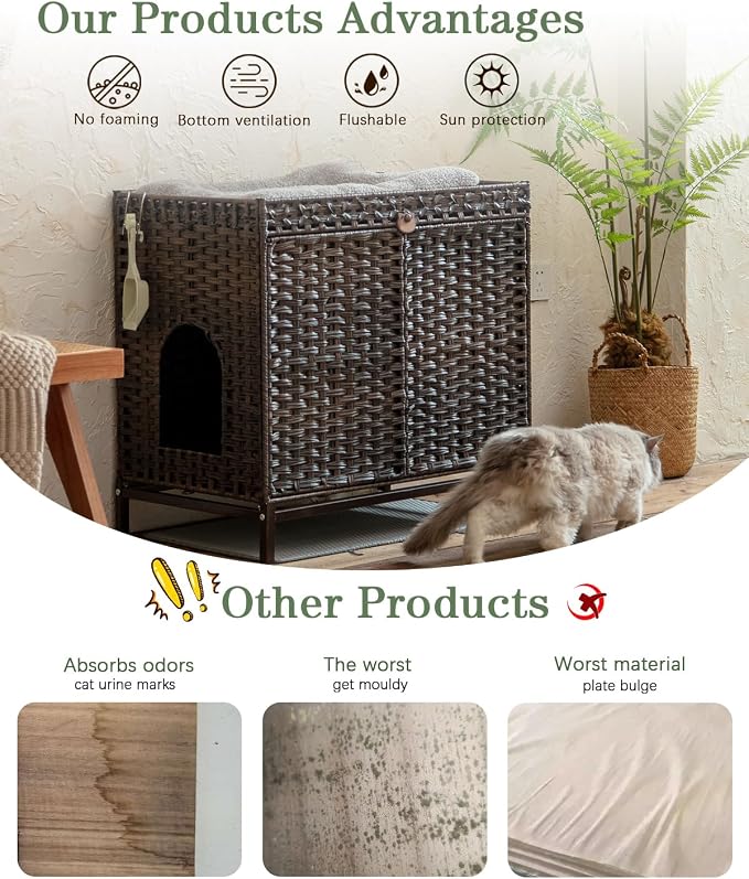 SETVSON Cat Litter Box Enclosure Furniture, Hidden PE Rattan, Brown | Large PE Rattan Kitty House with Metal Heightened Feet, Fits Big Covered Litter Boxes, Litter Mat, 2 Hooks, Frame