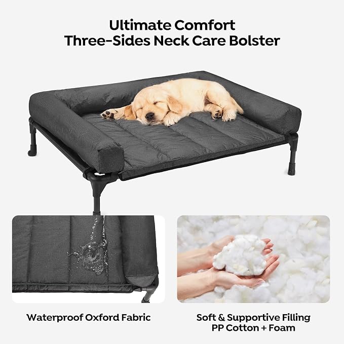 Veehoo Outdoor Elevated Dog Bed with Waterproof Bolster Cushion, Cooling | Raised Dog Bed with Removable & Washable Mat Topper, Breathable Mesh, Dog Couch Cot for Indoor Outdoor, 32", Medium, Black
