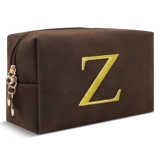 Personalized Initial Makeup Bag,Preppy Suede Cosmetic Bag for Teen Girls,Small Monogram Travel Toiletry Bag With Gold Embroidered Letter,Trendy Stuff Custom Christmas Gift for Women(Coffee-Z)