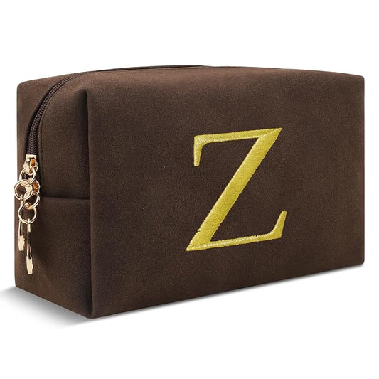 Personalized Initial Makeup Bag,Preppy Suede Cosmetic Bag for Teen Girls,Small Monogram Travel Toiletry Bag With Gold Embroidered Letter,Trendy Stuff Custom Christmas Gift for Women(Coffee-Z)