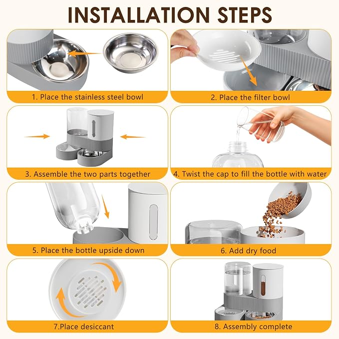 2 in 1 Automatic Gravity Cat Dog Feeder and Water Dispenser with 304 Stainless Steel Bowls, 360 Degree Rotatable Auto Food with 2 Specialized Brushes for Small Medium Pet Dog Puppy Kitten (Gray)