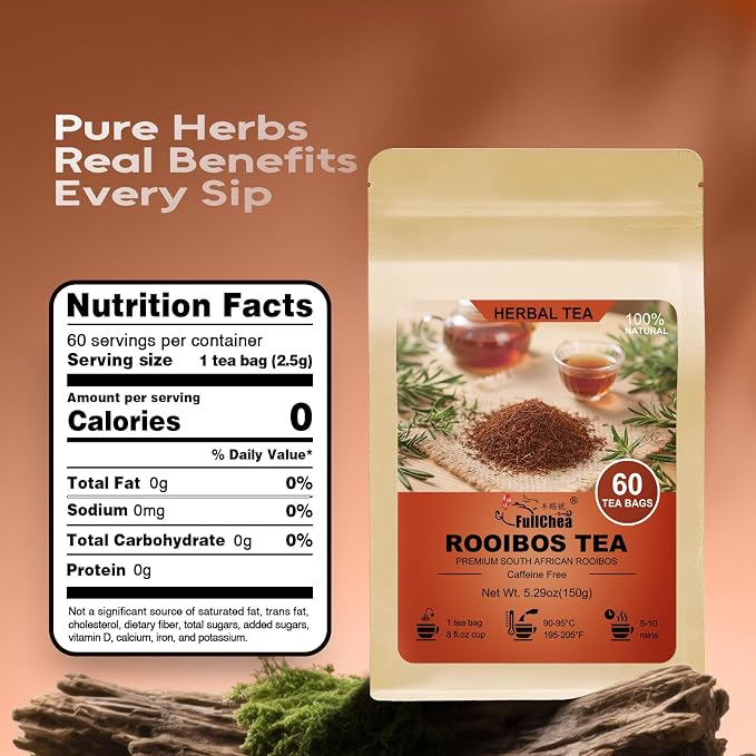 FullChea - Rooibos Tea Bags, 60 Counts - Premium South African Natural Rooibos - Non-GMO - Caffeine-Free - Antioxidant-Rich & Supports Digestion
