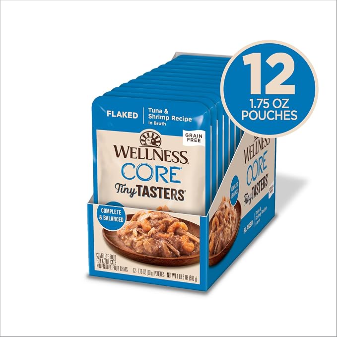 Wellness CORE Tiny Tasters Flaked Adult Wet Cat Food, Natural, Protein Rich, Grain Free, Tuna and Shrimp Recipe, 1.75 oz, Pack of 12 Pouches