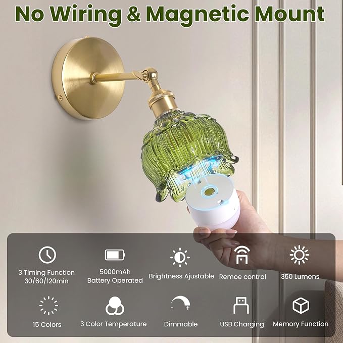 Vintage Battery Operated Wall Sconces: Set of 2 Rechargeable Wireless Light | 5000mAh Green Flower Glass Cordless Lighting, Remote Control Powered Dimmable Sconce, Small Lights for Bedroom Hallway Renter