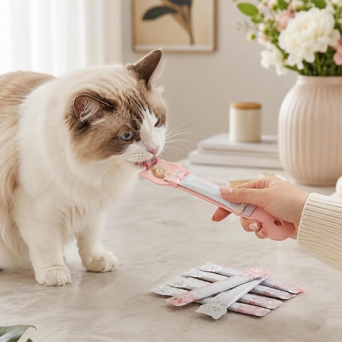 Cat Squeeze Treat Spoons, 3 PCS Lickable Cat Treat Spoon Pet Strip Feeder Spoons Multi-function Cats Treats Dispenser Feeder for Wet Food, Licky Treats, Squeeze Tubes & Strips