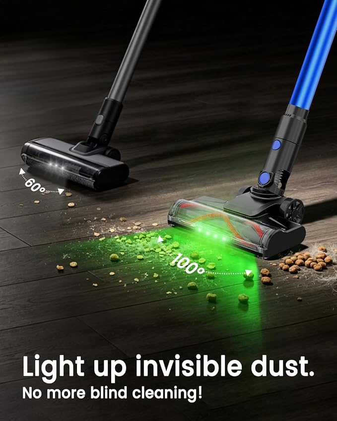 Cordless Vacuum Cleaner, 500W 40KPa 60Mins Vacuum Cleaners for Home, Anti-Tangle Rechargeable Vacuum with Green Light Wireless Vacumm for Pet Hair/Carpet/Hardwood Floor Blue