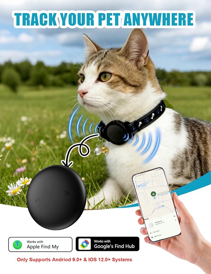 GPS Cat Tracker Collar (Android & iOS), Real-Time Activity Tracking Black | Bluetooth Smart Finder tag No Subscription, Works with Apple Find my App & Google Find Hub, Anti-Lost for Pet Items Kitten