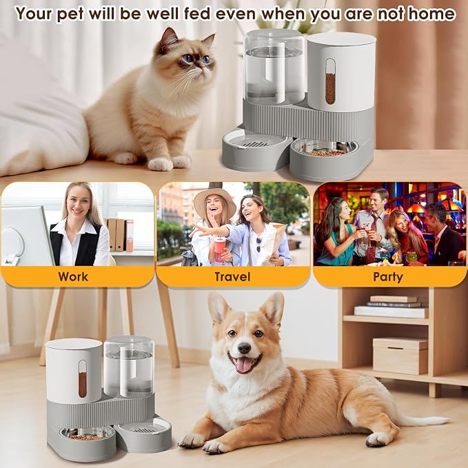 2 in 1 Automatic Gravity Cat Dog Feeder and Water Dispenser with 304 Stainless Steel Bowls, 360 Degree Rotatable Auto Food with 2 Specialized Brushes for Small Medium Pet Dog Puppy Kitten (Gray)