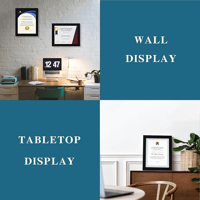 Hongkee 8.5 x 11 Picture Frame Set of 4, Made of Real Glass and Black Certificate & Diploma Frame, 8.5 by 11 Photo for Wall or Tabletop - Display Picture 6x8 with Mat or 8.5x11 Without Mat