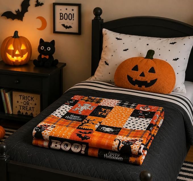 Halloween Fleece Throw Blanket, Patchwork Witch & Haunted House, 50x60 in | Ultra-soft cozy flannel fleece, for sofa couch bed chair & dorms, spooky Halloween décor, durable and machine washable.